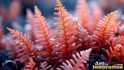 Pointed frosted fronds rise from bright red ferns growing out of dark soil in cool light