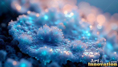 Frosted blue fungi spread across rock, lit by tiny cyan specks and soft gold light