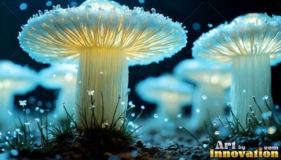 Low-angle view of pale bright mushrooms rising in a dark mossy field
