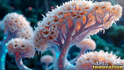 In a dark forest, pale coral-like plants grow with tiny orange flowers on top