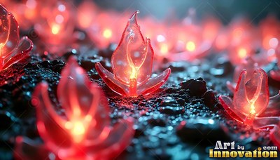 Shining from dark wet ground, red glass flowers curl like small flames