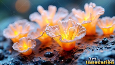 Small orange flowers with bright yellow centers on dark rock