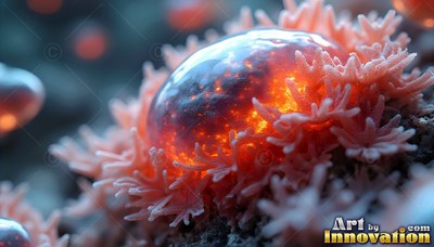 A shiny dark orb filled with orange specks sits inside a ring of pale pink plant fronds