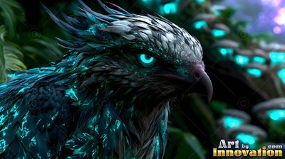 A crested bird stares ahead with bright blue eyes and dark feathers