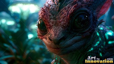 Turned forward, a small reptile creature rests in a dark forest with green plants