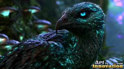 A dark bird with bright blue eyes sits near pale mushrooms in a forest