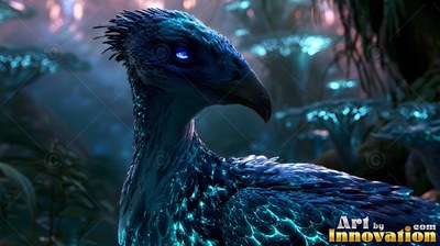 In a dim blue forest, a feathered bird creature looks back over its shoulder