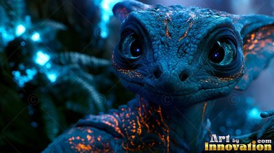 Peering forward, a small blue creature with orange patterns sits in the dark plants