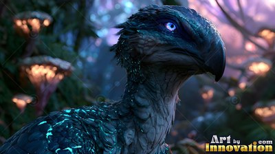 A dark feathered bird-like creature with bright blue eyes in a forest