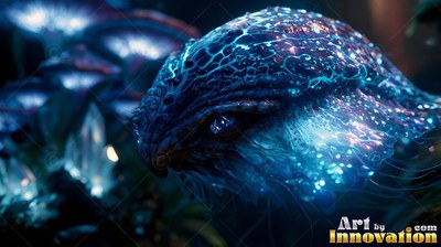 Cracked blue skin covers an alien creature resting beside crystal clusters in the dark