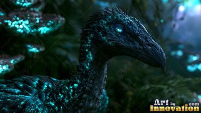A feathered creature looks forward with bright turquoise light speckled across its dark neck