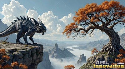 A horned gray reptile stands on a cliff near an orange tree over a valley