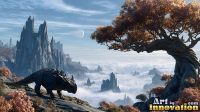 On a misty mountain ridge, a horned beast walks beside a twisted tree