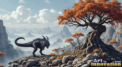 Standing on a rocky cliff, a horned black reptile rests beside an orange tree above foggy hills