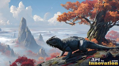 A horned lizard stands on a cliff near an orange tree