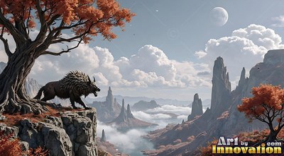 Spiky dark fur covers a wolf prowling a cliff above misty rock towers and an orange tree