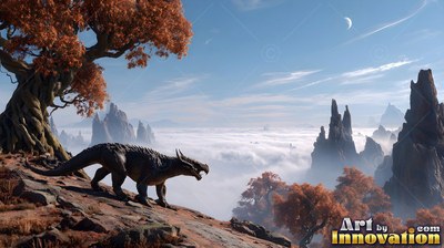 A horned reptile walks down a rocky slope beside orange trees under a pale blue sky