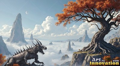 Crouched in profile, a horned dragon looks across cloudy peaks at an orange tree