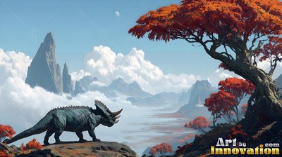 A blue horned dinosaur walks on a rocky cliff by a red tree above clouds
