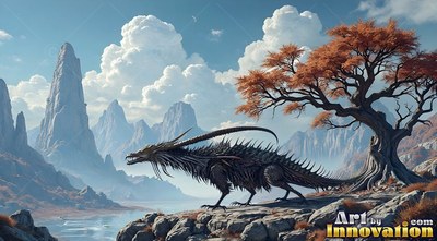 In a rocky mountain valley, a spiky horned creature stands near an orange tree