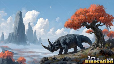 Walking down a rocky slope, a horned beast passes an orange tree below twin moons