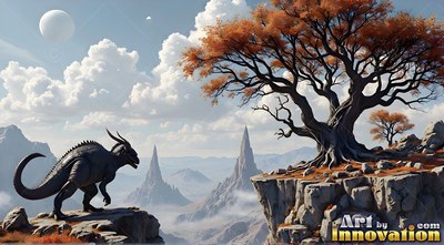 Horned creature on a cliff near an orange tree overlooking mountains