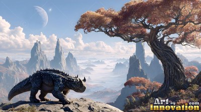 Horny scales cover a four-legged reptile on a rocky cliff beneath an orange tree