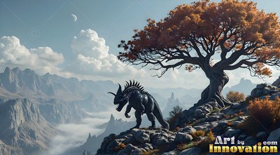 A horned beast stands on a rocky ledge near an orange tree under pale daylight