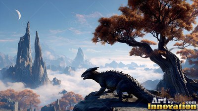 Crouched in profile, a dark lizard rests on a cliff near an orange tree