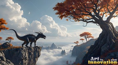A horned lizard stands on a high cliff near an orange tree over clouds