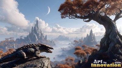 On a rocky mountain under a crescent moon, a scaly lizard rests beside a twisted tree