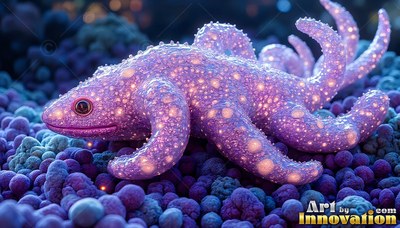 Crawling across purple pebbles, a spotted pink creature rests on multiple legs