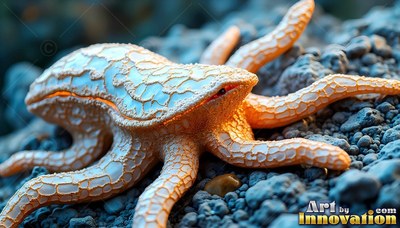 Pale orange octopus creature rests on gray pebbles