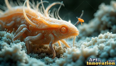 Soft spines curl along the back of a pale orange bug crawling on light moss