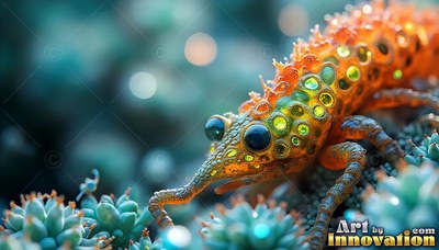 An orange insect creeps over small succulents under soft blue light