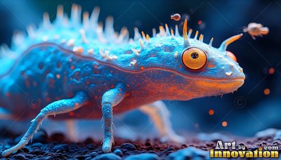 Crawling in profile across dark ground, a spiky blue lizard with big yellow eyes
