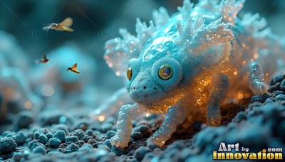 A small blue crystal lizard crawls on dark gravel near tiny flying bugs