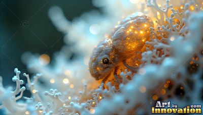In white coral branches, a tiny spotted creature sits under warm light