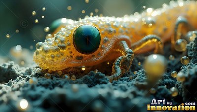 Crawling across gray soil, a tiny yellow lizard has big dark green eyes