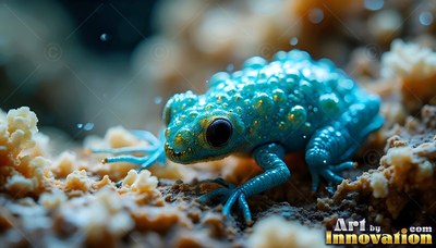 Bright blue bumpy frog resting on rough tan ground