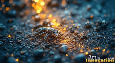 A metallic beetle with long legs crawls over dark gravel lit by yellow sparks