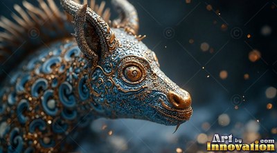 A horned creature looks forward with bronze patterns across blue skin