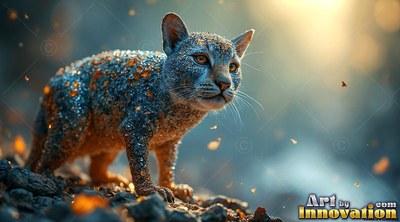 Standing on rocky ground, a small speckled wildcat looks up in soft light