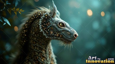 A scaly dragon with a spiky neck looks ahead against soft green light