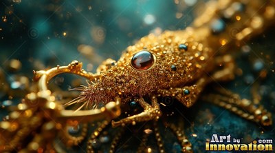 In dark blue water, a gold crustacean rests with a red gem on its back