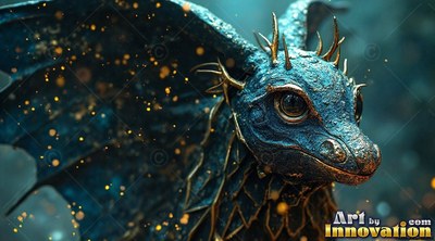 Spreading webbed wings, a small teal dragon watches through golden sparkles