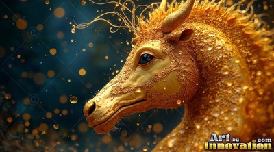 Golden horned sea horse surrounded by floating yellow bubbles