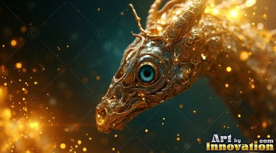 A round blue eye centers a golden dragon surrounded by floating yellow sparks in dark space