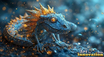 A blue lizard crawls forward on dark rock, its golden spines lit by warm sparks