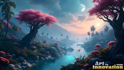 Framed from above, pink canopy trees lean along a winding river valley